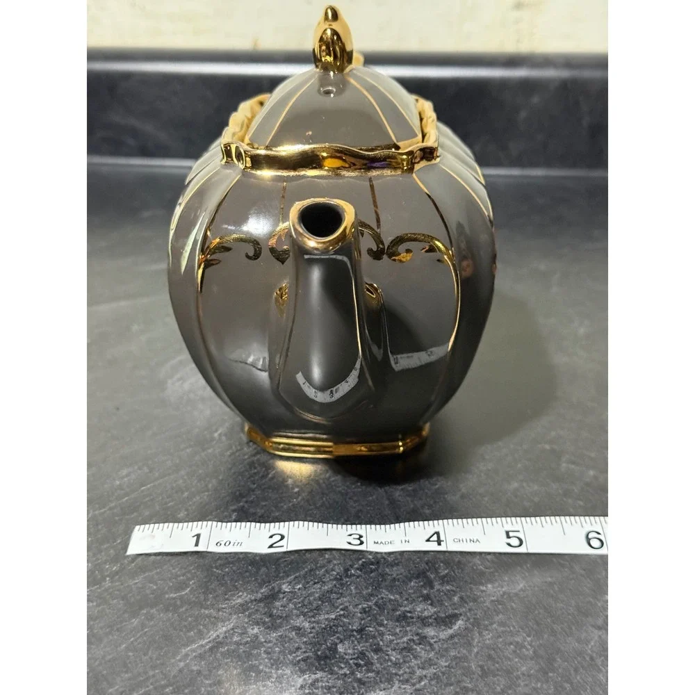 Sadler Cube Vtg Gray Ceramic Teapot 22k Gold Gilt Trim Ornate Scroll Design 1922